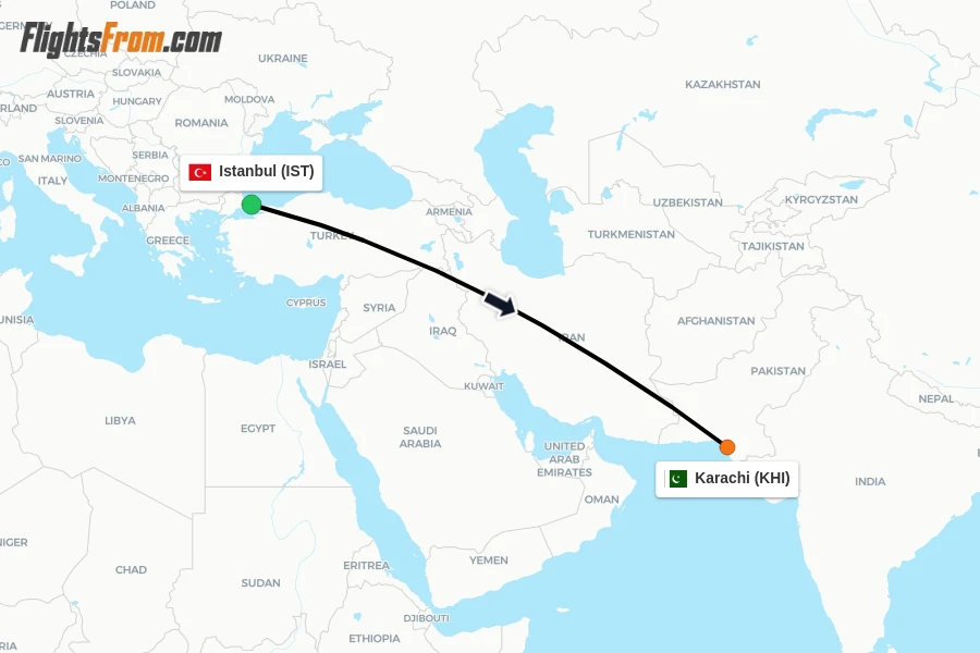 Flights from Istanbul to Karachi route map