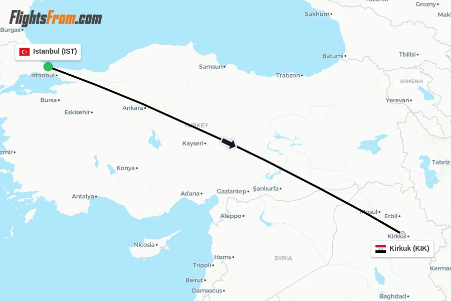 Flights from Istanbul to Kirkuk route map