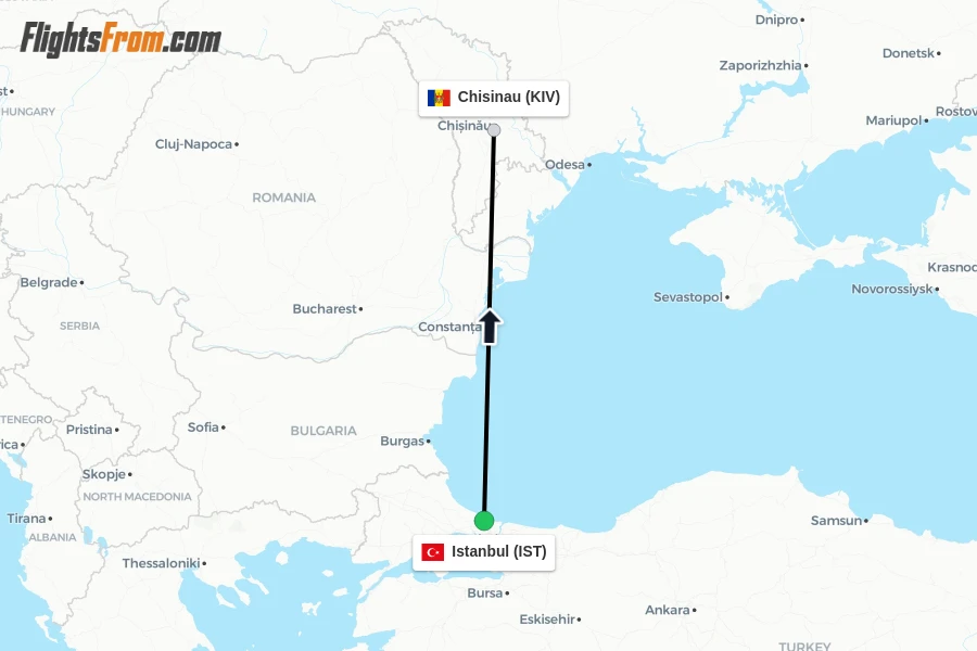 Flights from Istanbul to Chisinau route map