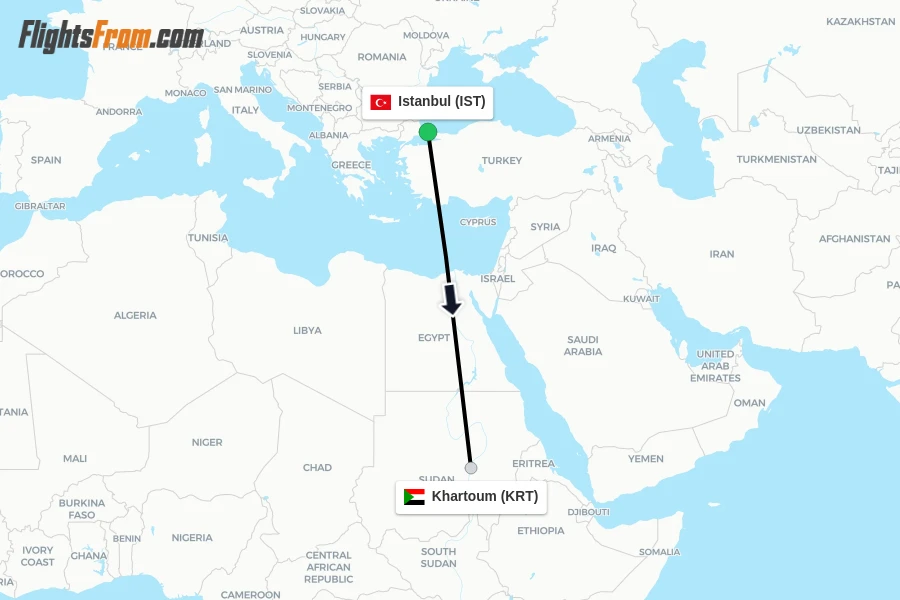 Flights from Istanbul to Khartoum route map