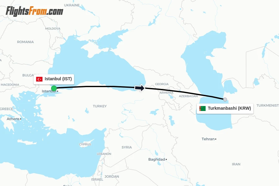 Flights from Istanbul to Turkmanbashi route map
