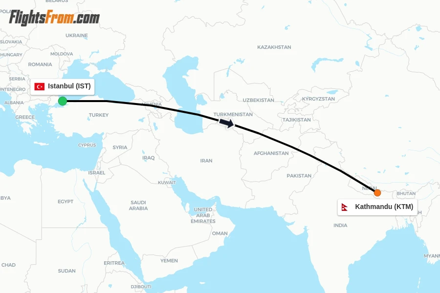 Flights from Istanbul to Kathmandu route map