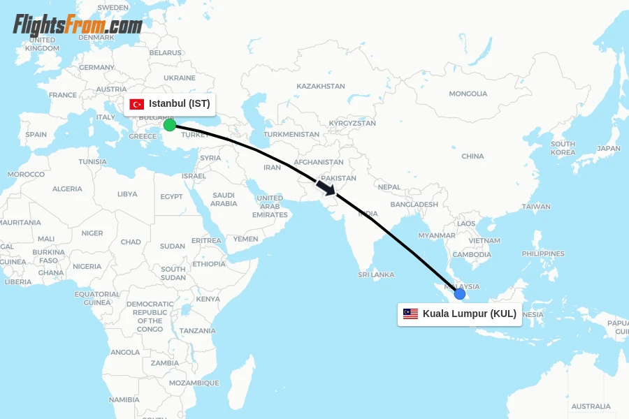 Flights from Istanbul to Kuala Lumpur route map