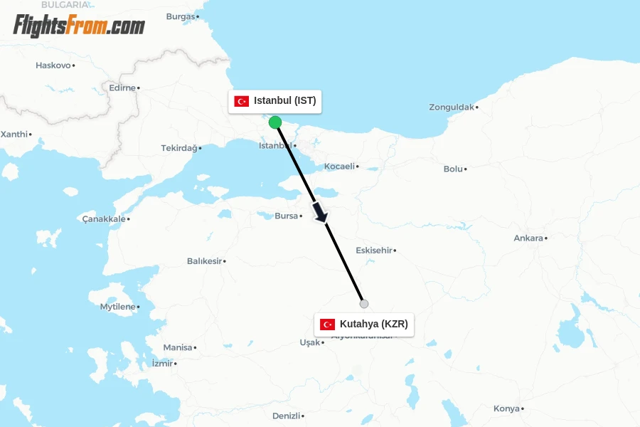 Flights from Istanbul to Kutahya route map