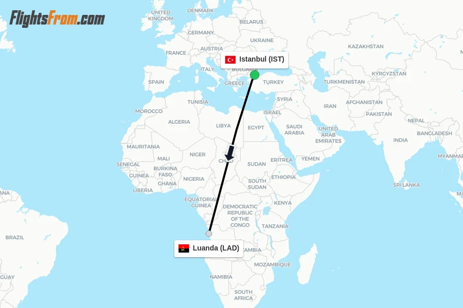 Flights from Istanbul to Luanda route map