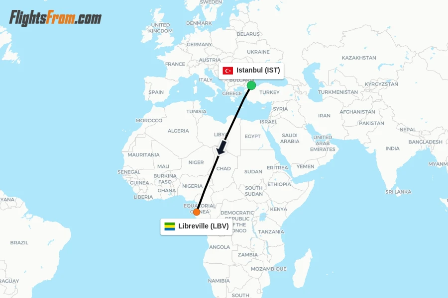 Flights from Istanbul to Libreville route map