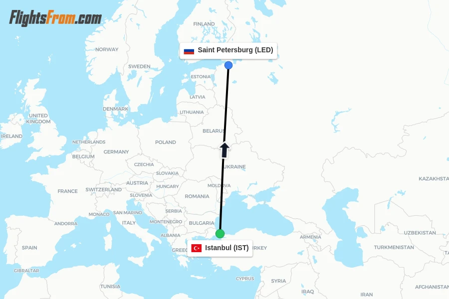 Flights from Istanbul to Saint Petersburg route map