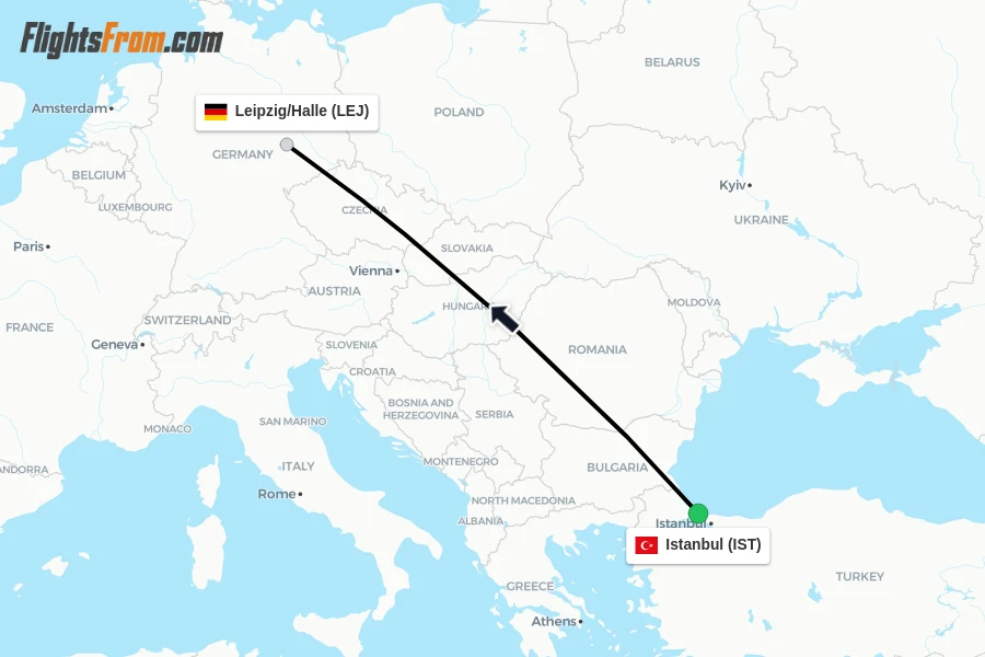 Flights from Istanbul to Leipzig/Halle route map