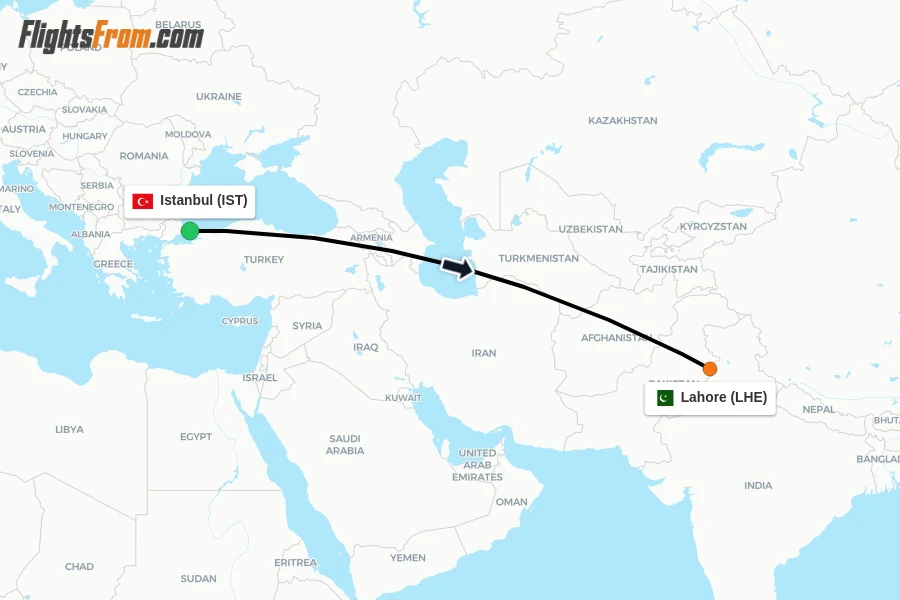 Flights from Istanbul to Lahore route map