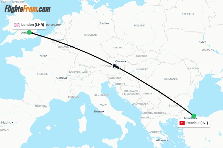 Flights from Istanbul to London route map