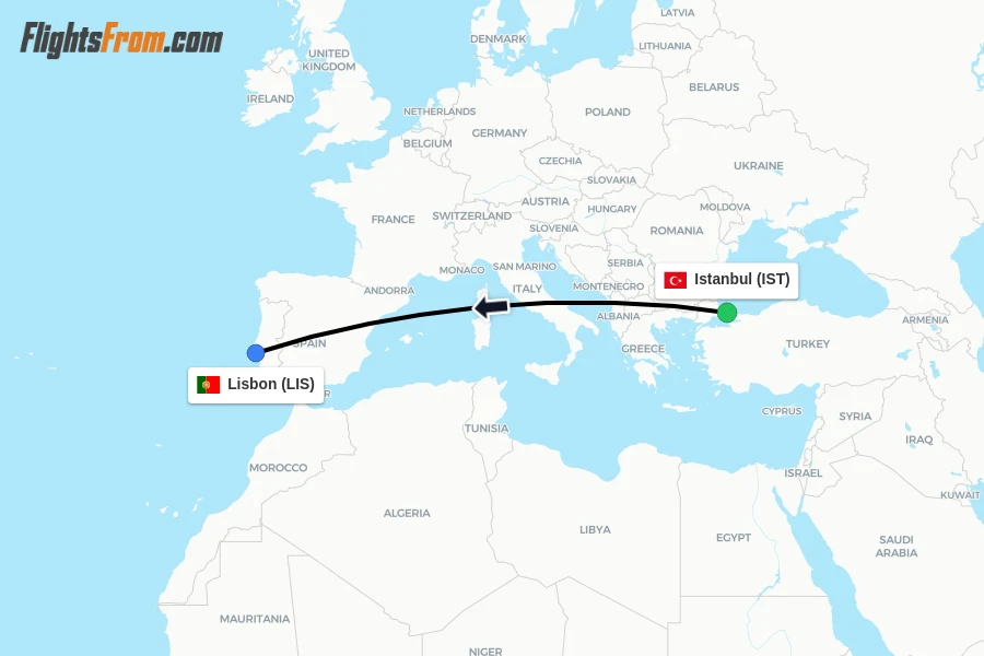Flights from Istanbul to Lisbon route map