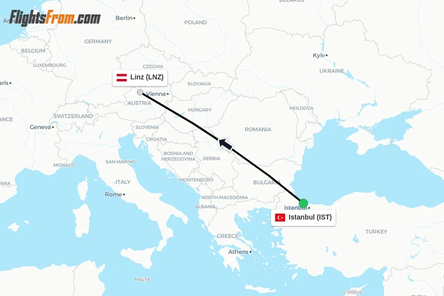 Flights from Istanbul to Linz route map
