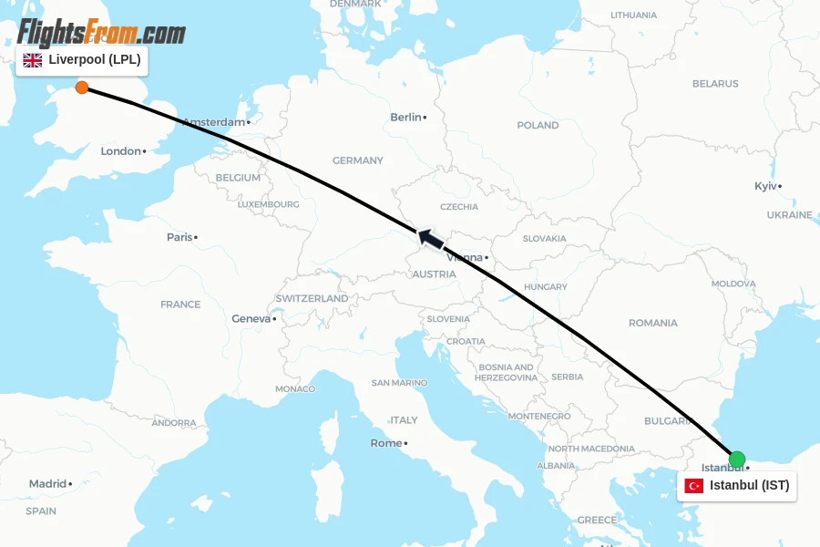 Flights from Istanbul to Liverpool route map