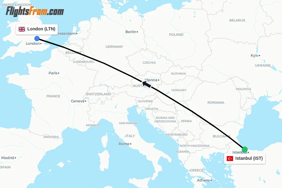 Flights from Istanbul to London route map