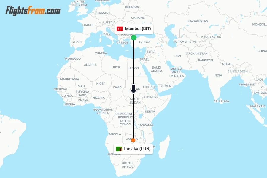 Flights from Istanbul to Lusaka route map