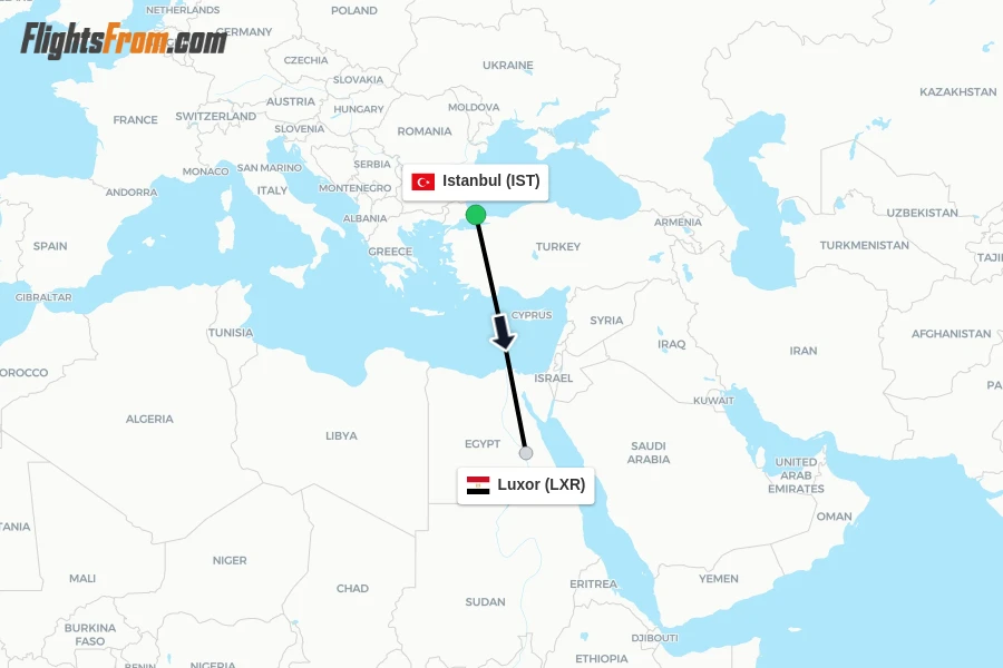 Flights from Istanbul to Luxor route map