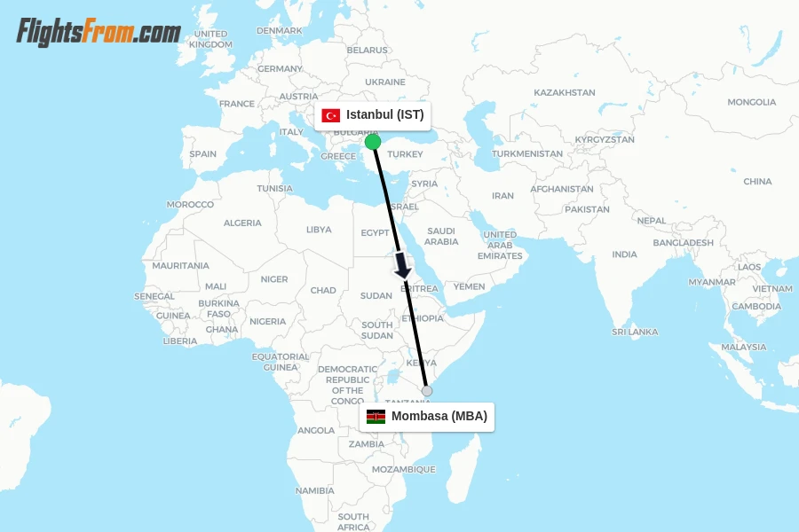 Flights from Istanbul to Mombasa route map