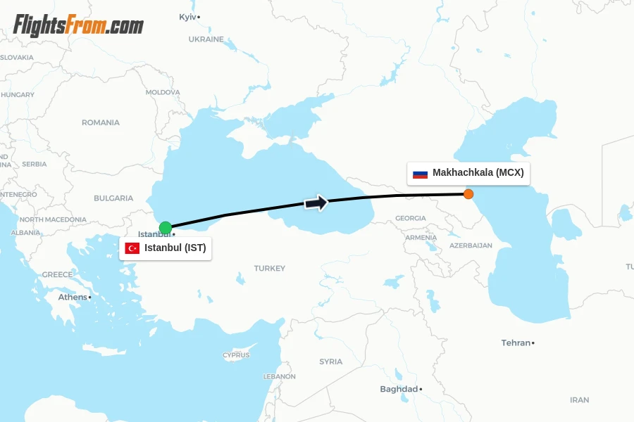 Flights from Istanbul to Makhachkala route map