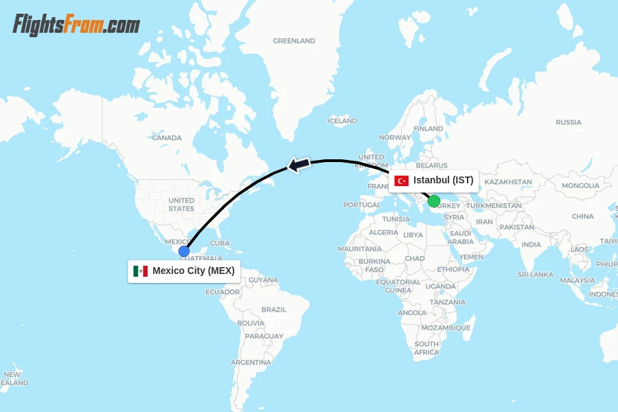 Flights from Istanbul to Mexico City route map