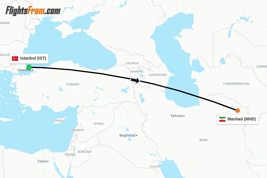 Flights from Istanbul to Mashad route map