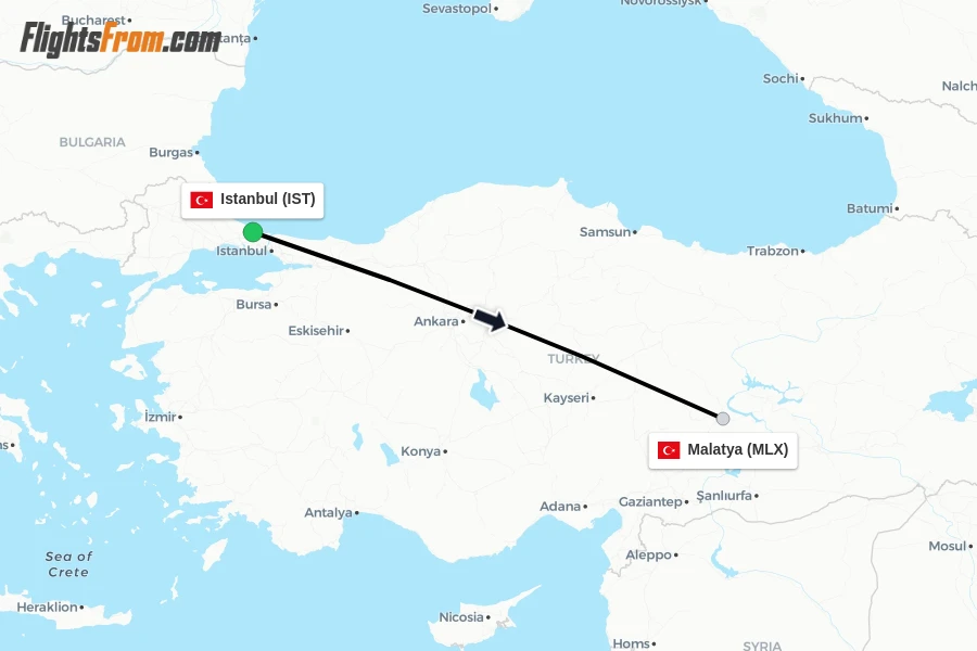 Flights from Istanbul to Malatya route map
