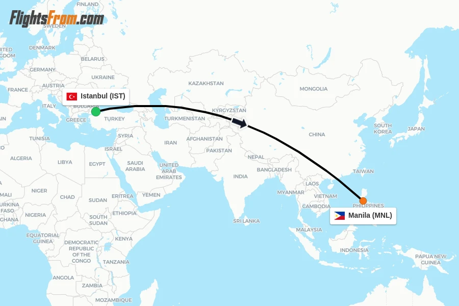 Flights from Istanbul to Manila route map
