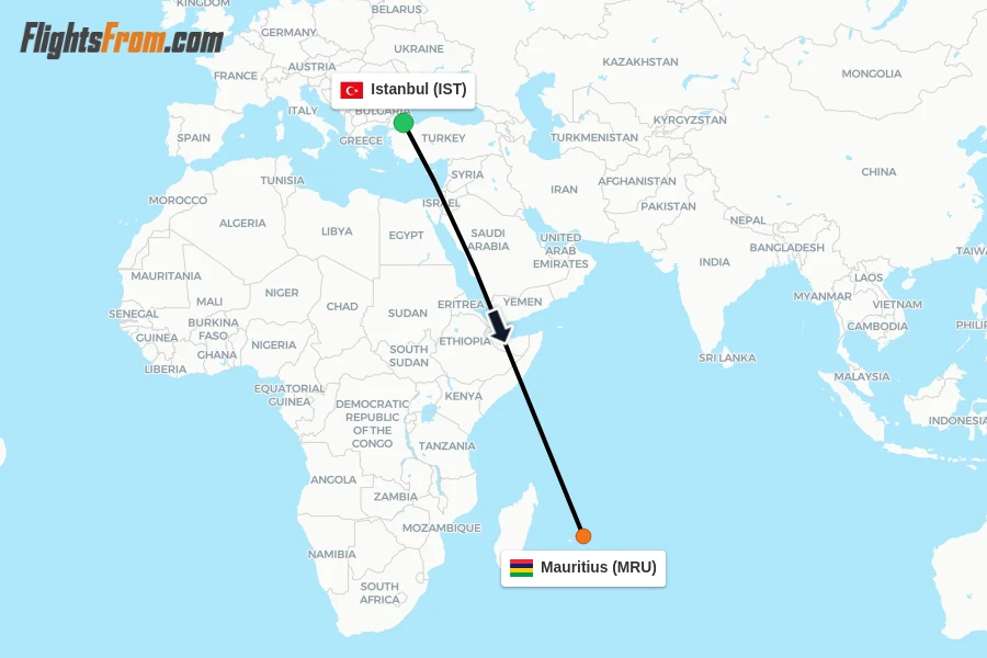 Flights from Istanbul to Mauritius route map