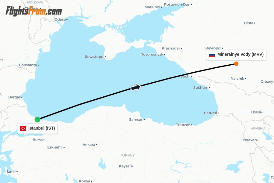 Flights from Istanbul to Mineralnye Vody route map