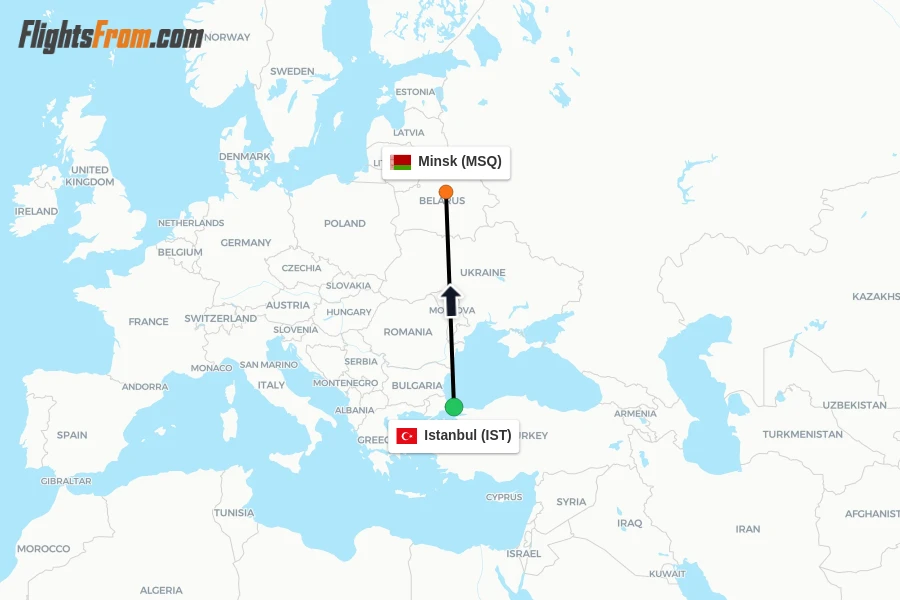 Flights from Istanbul to Minsk route map