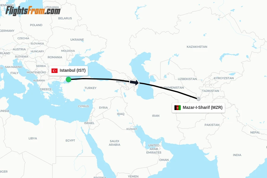 Flights from Istanbul to Mazar-I-Sharif route map
