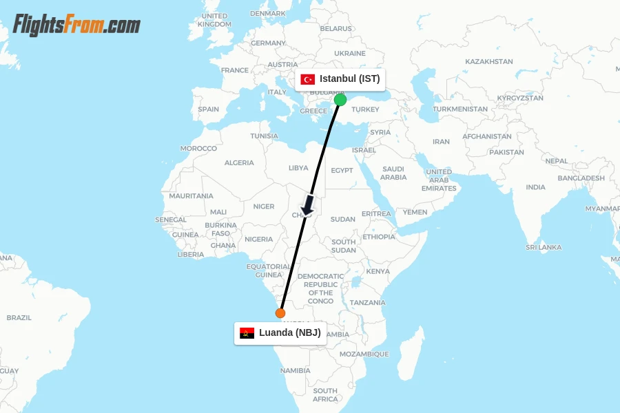 Flights from Istanbul to Luanda route map