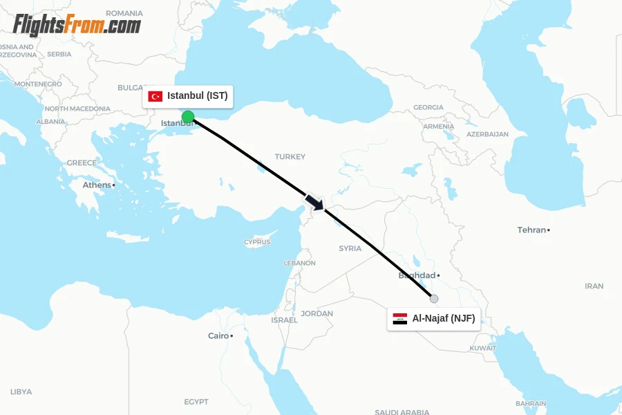 Flights from Istanbul to Al-Najaf route map