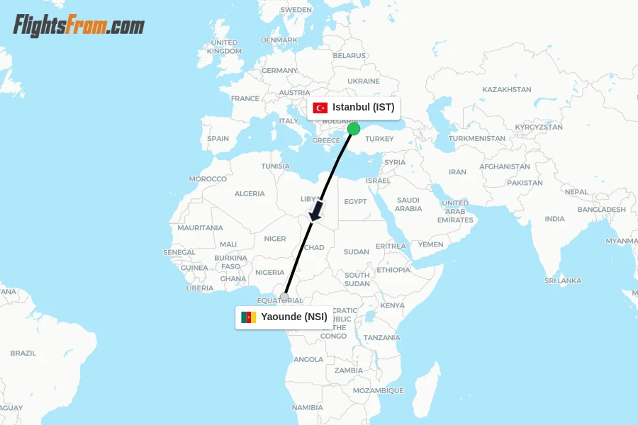Flights from Istanbul to Yaounde route map