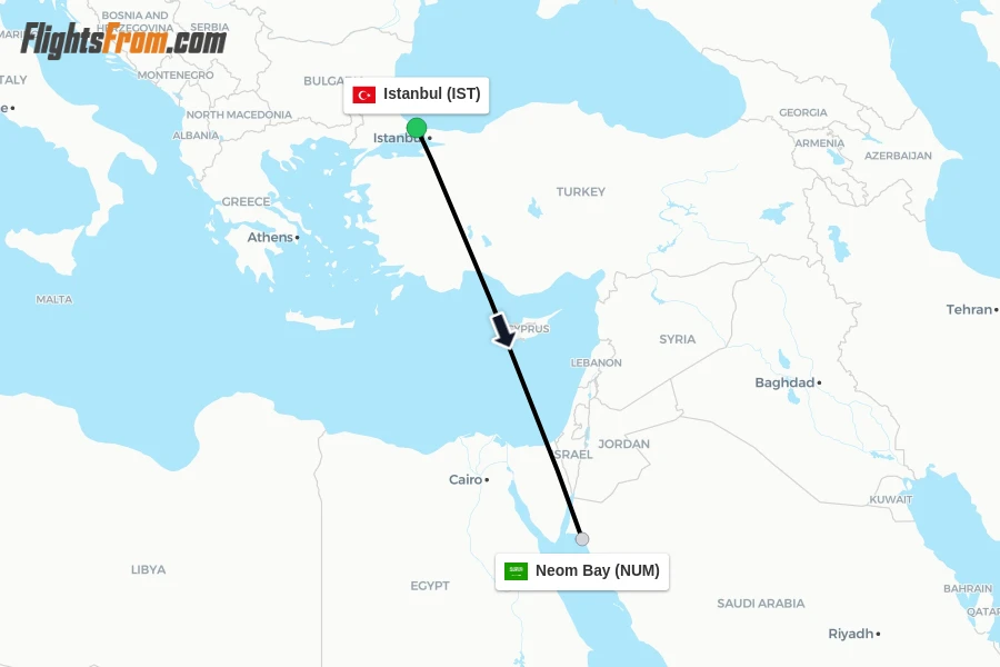Flights from Istanbul to Neom Bay route map