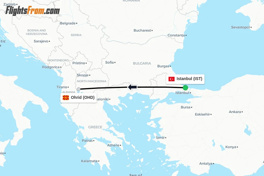 Flights from Istanbul to Ohrid route map