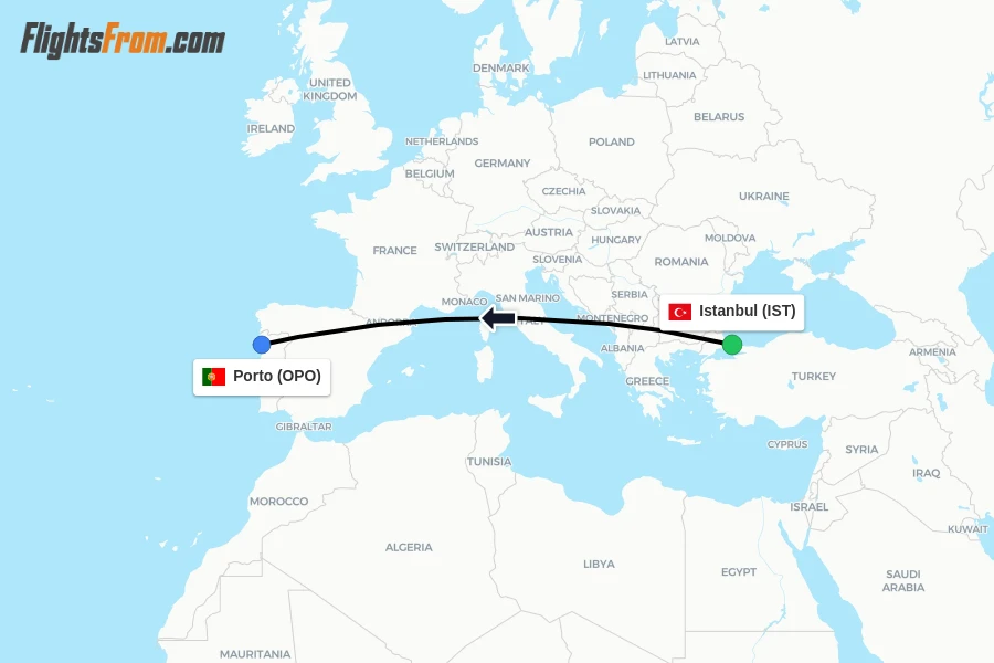 Flights from Istanbul to Porto route map