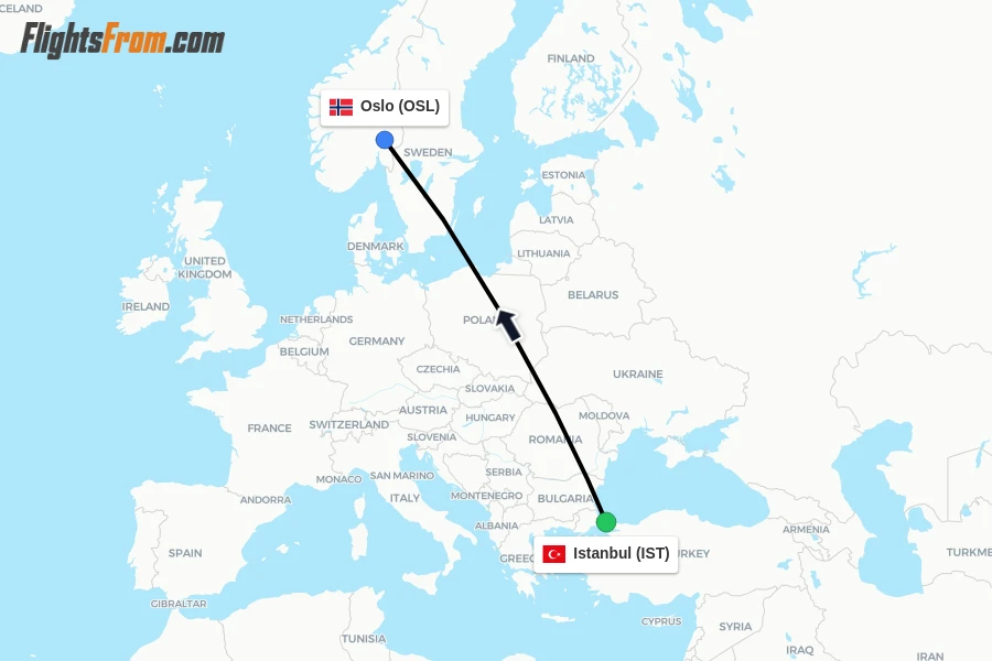 Flights from Istanbul to Oslo route map