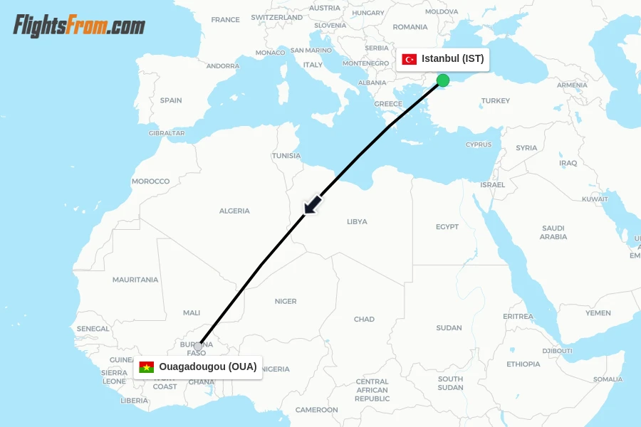 Flights from Istanbul to Ouagadougou route map