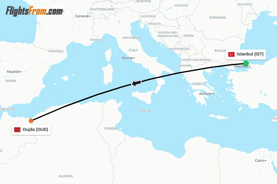 Flights from Istanbul to Oujda route map