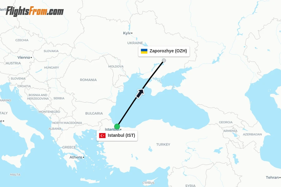 Flights from Istanbul to Zaporozhye route map