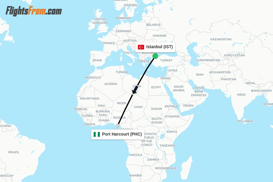 Flights from Istanbul to Port Harcourt route map