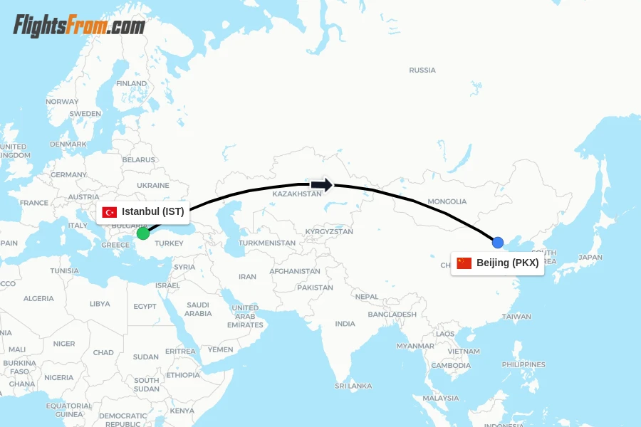 Flights from Istanbul to Beijing route map