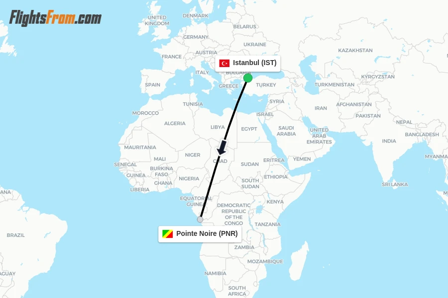 Flights from Istanbul to Pointe Noire route map