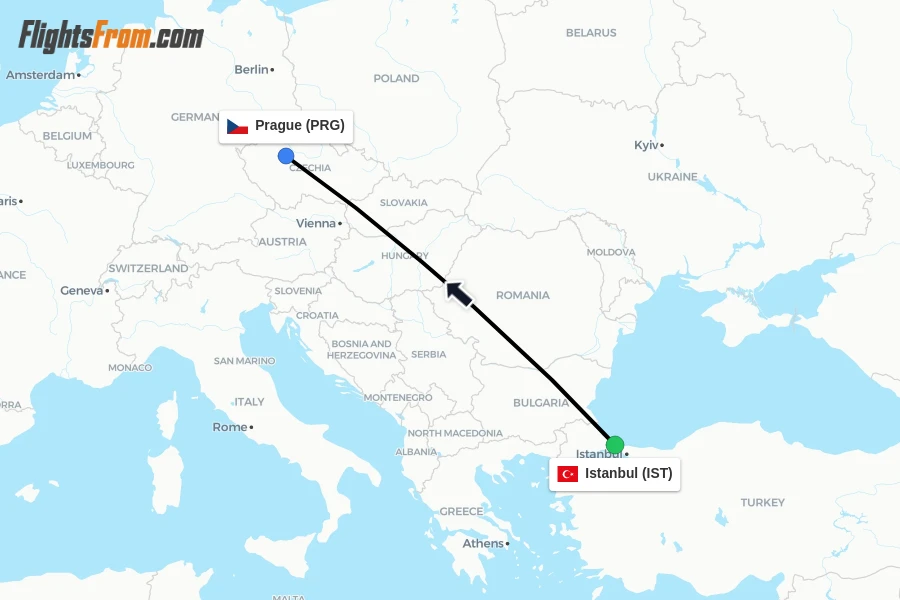 Flights from Istanbul to Prague route map