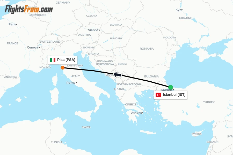 Flights from Istanbul to Pisa route map