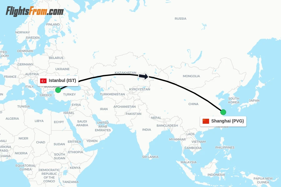 Flights from Istanbul to Shanghai route map
