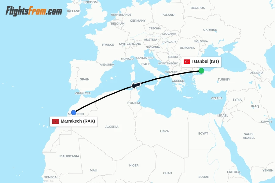 Flights from Istanbul to Marrakech route map