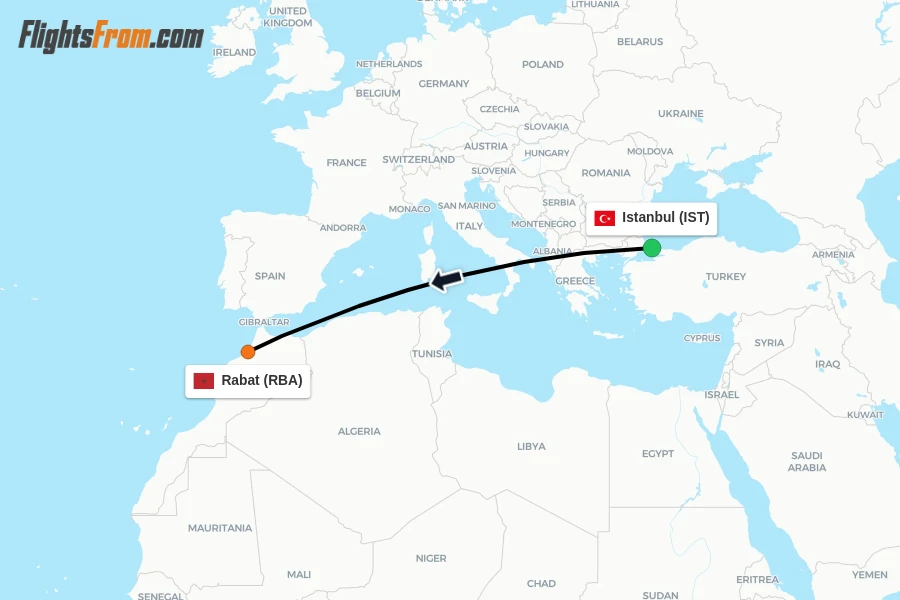 Flights from Istanbul to Rabat route map