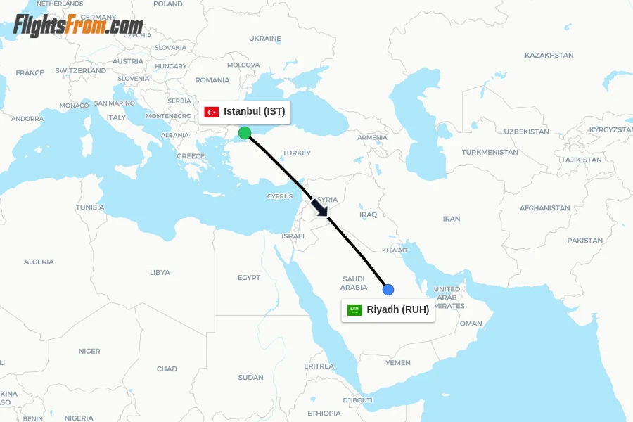 Flights from Istanbul to Riyadh route map