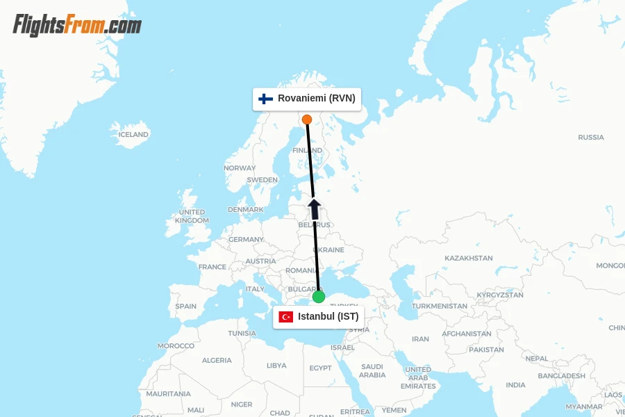 Flights from Istanbul to Rovaniemi route map